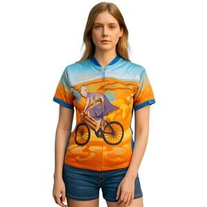 83 Sportswear Orange Blue Girl On Bike Cycling Jersey Top Shirt Full Zip XL